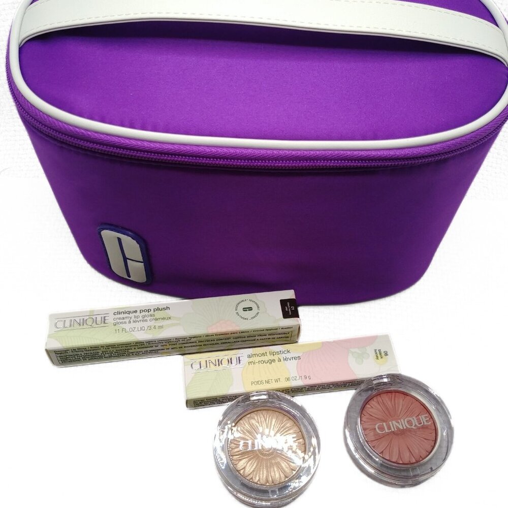CLINIQUE Black Honey Makeup Bundle with Purple Bag Almost Lipstick Gloss Blush